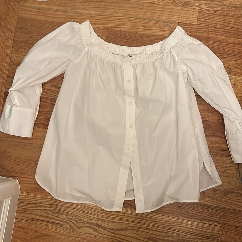 Pristine Zara White Cotton Blouse Elastic Neckline for Shoulder Baring Size XL